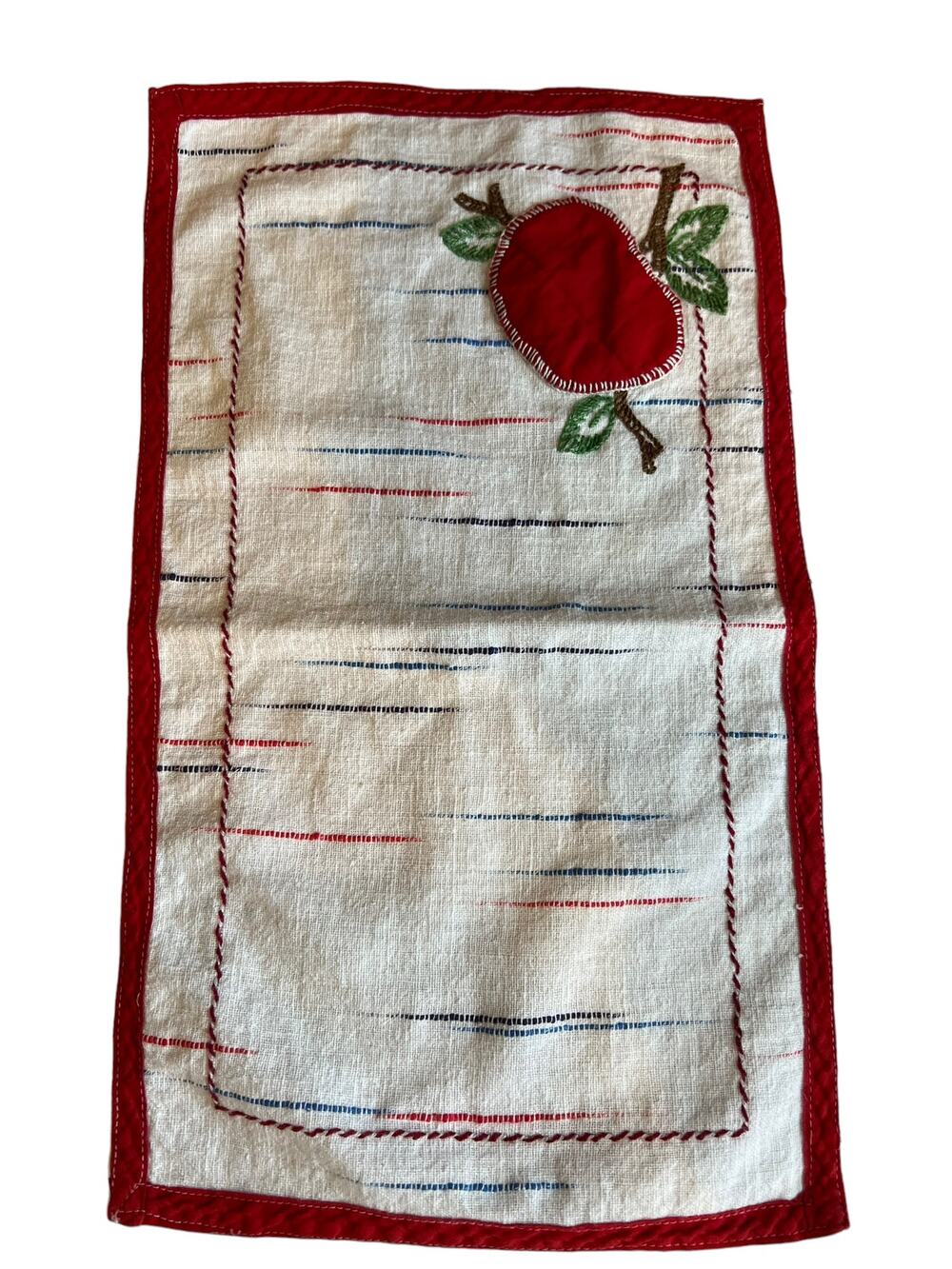 Vintage Hand Embroidered Apple Tea Towel Linen